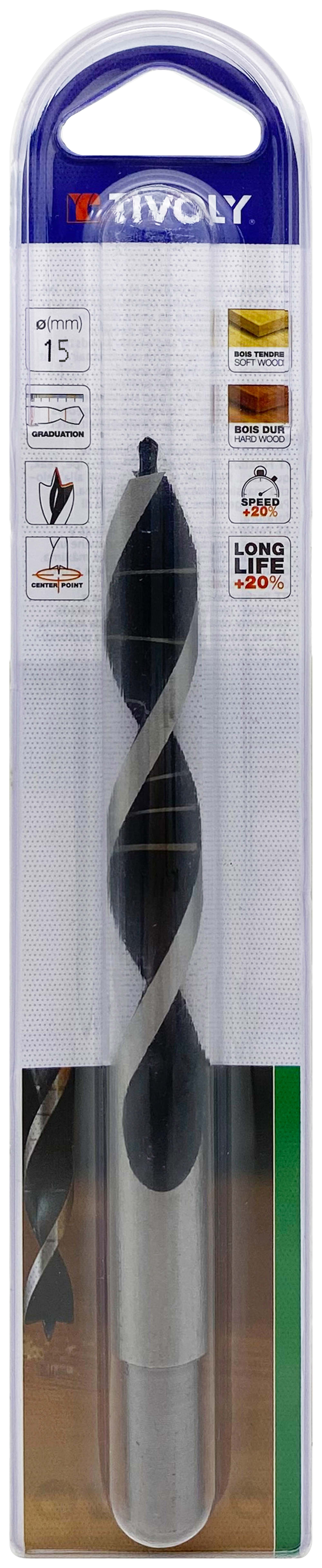Foret bois 3 pointes -Queue cylindrique -Gradué SLR (Blister) / L: 169 Ø: 15 TIVOLY - 10863821500