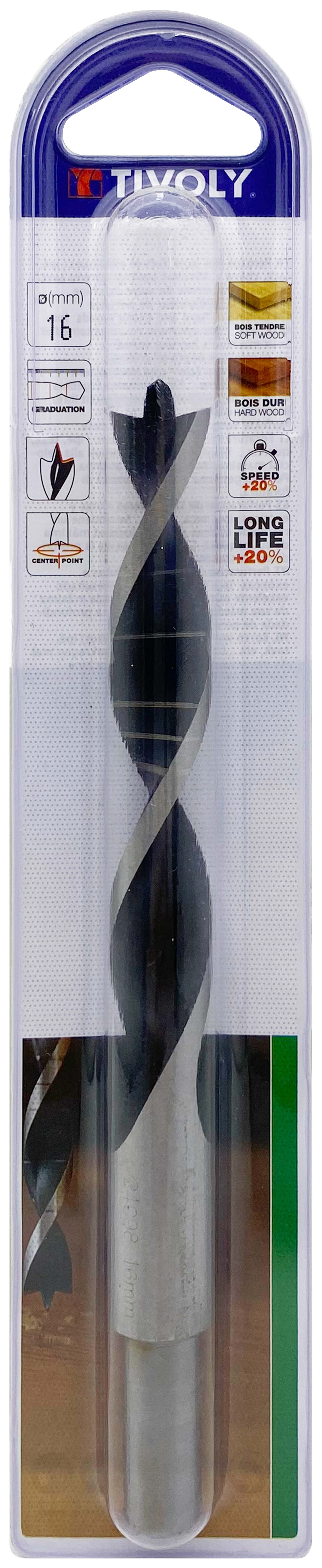 Foret bois 3 pointes -Queue cylindrique -Gradué SLR (Blister) / L: 178 Ø: 16 TIVOLY - 10863821600