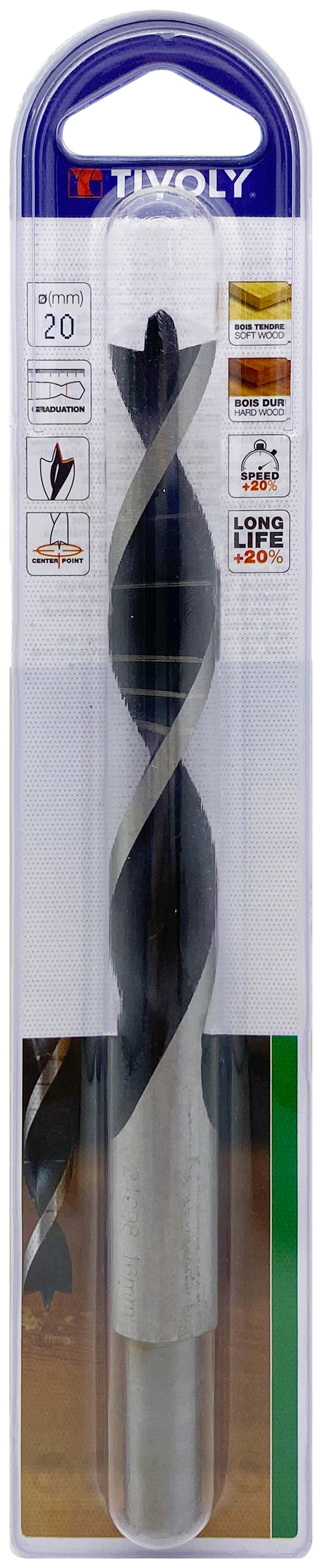 Foret bois 3 pointes -Queue cylindrique -Gradué SLR (Blister) / L: 205 Ø: 20 TIVOLY - 10863822000