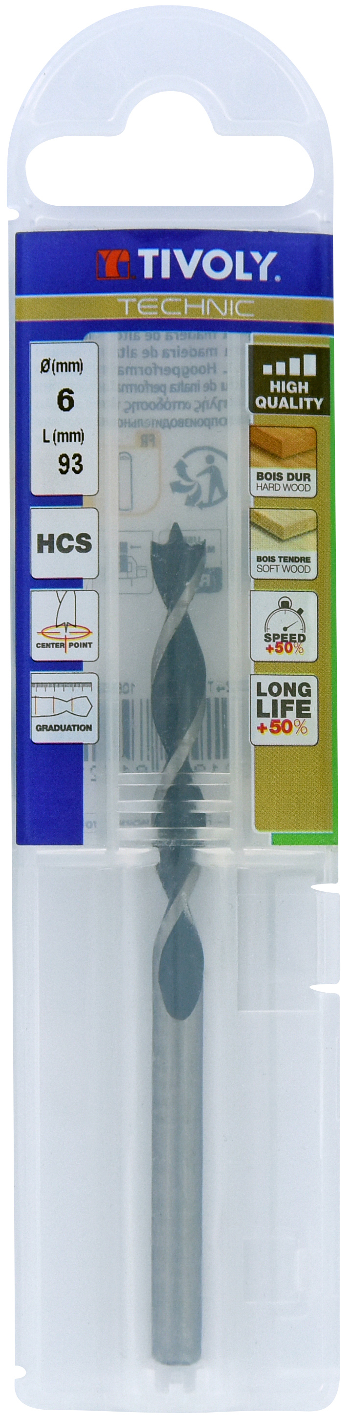 Foret bois 3 pointes -Queue cylindrique -Gradué SLR / L: 93 Ø: 6 TIVOLY - 10863840600