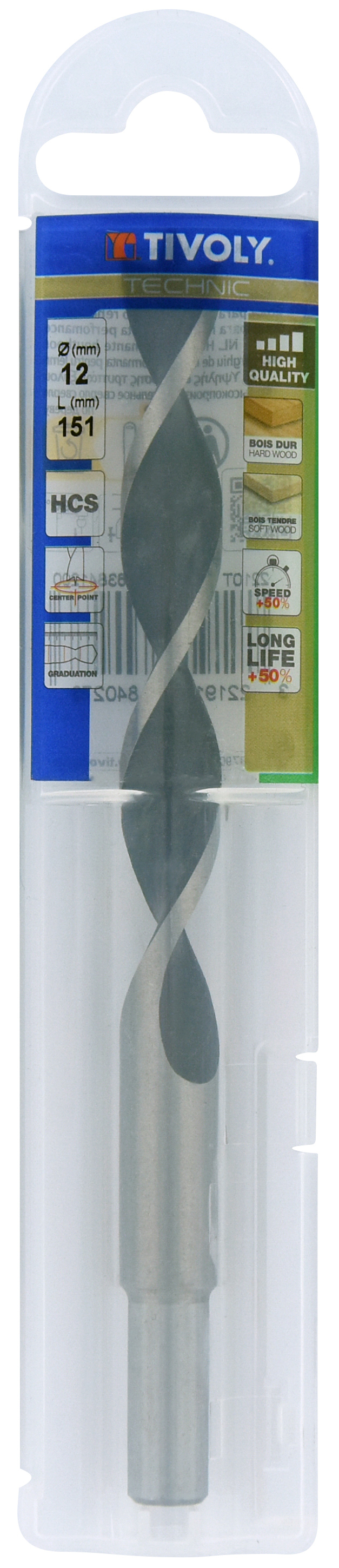 Foret bois 3 pointes -Queue cylindrique -Gradué SLR / L: 151 Ø: 12 TIVOLY - 10863841200