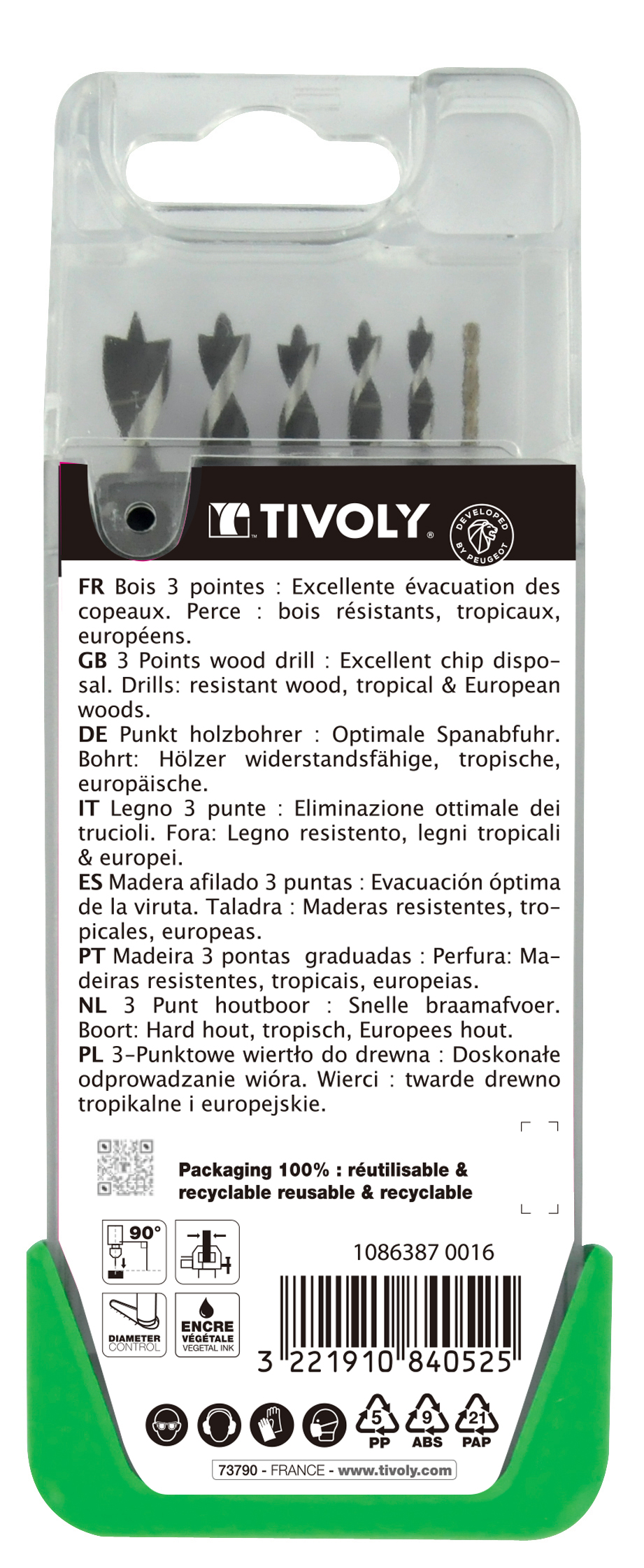 6 forets bois 3 pointes gradués SLR Ø 2 à 8mm TIVOLY - 10863870016