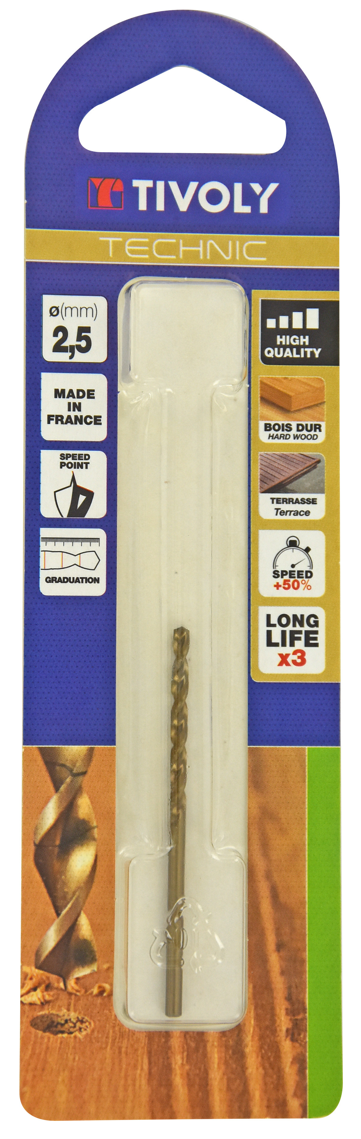 Foret bois HSS -Affûtage Speed point -Queue à 3 méplats Gradué SLR / L: 49 Ø: 2.5 TIVOLY - 10864020250