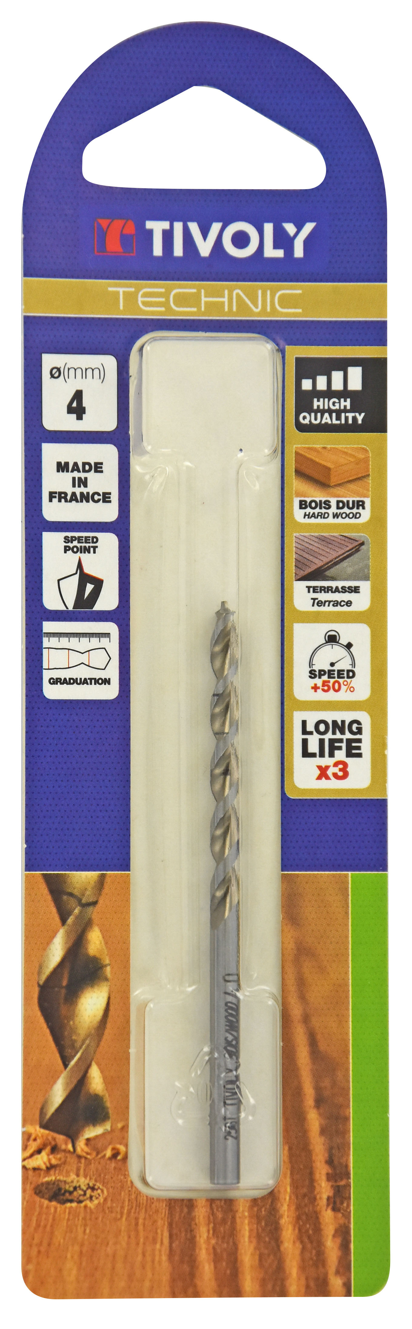 Foret bois HSS -Affûtage Speed point -Queue à 3 méplats Gradué SLR / L: 75 Ø: 4 TIVOLY - 10864020400