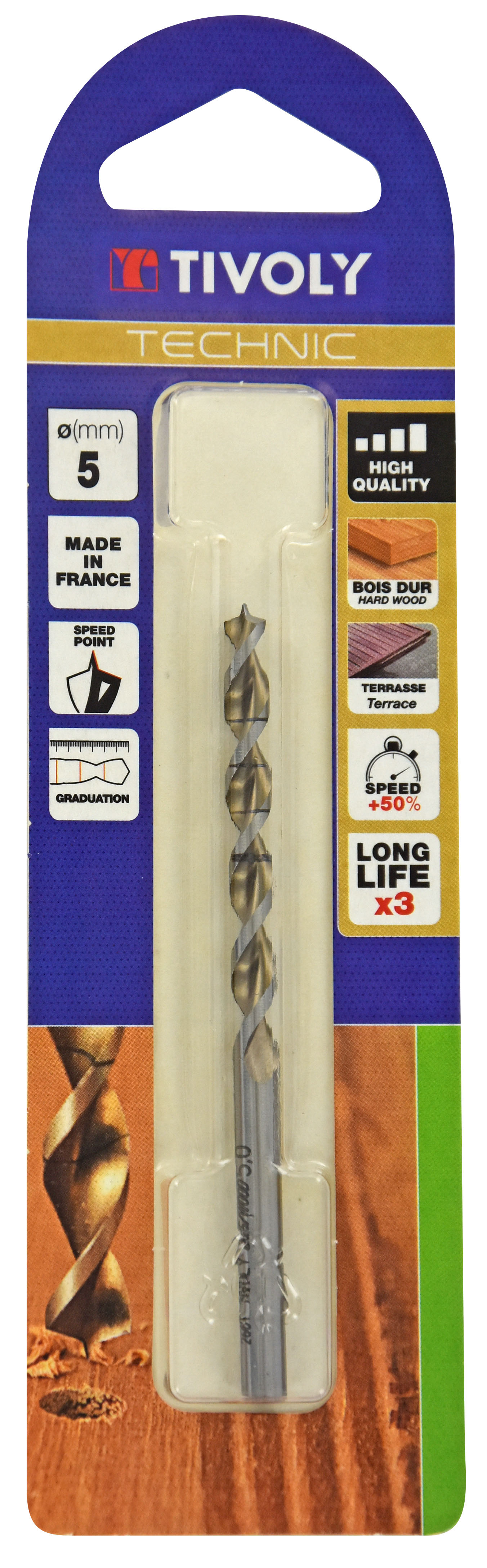 Foret bois HSS -Affûtage Speed point -Queue à 3 méplats Gradué SLR / L: 86 Ø: 5 TIVOLY - 10864020500