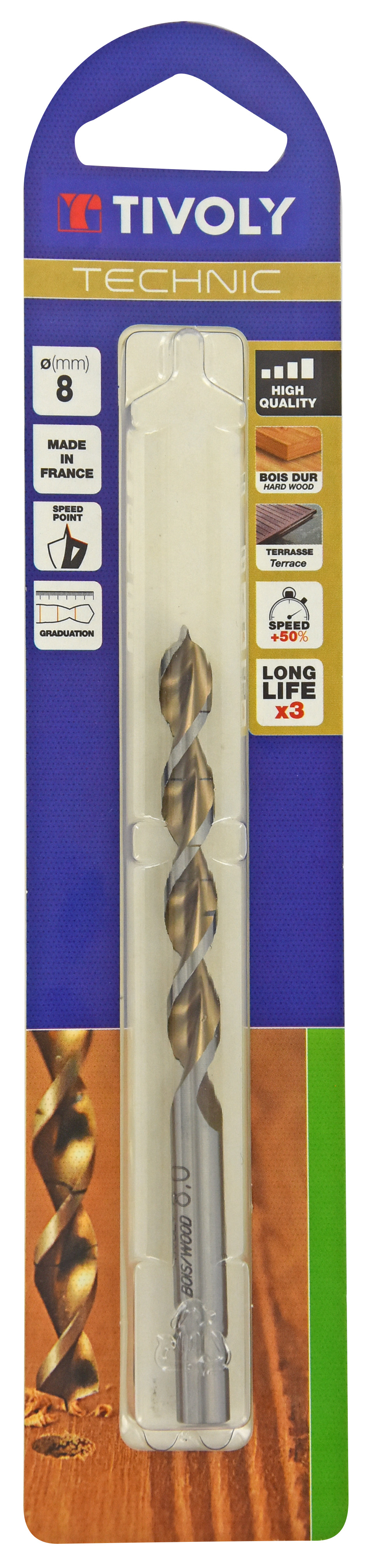 Foret bois HSS -Affûtage Speed point -Queue à 3 méplats Gradué SLR / L: 117 Ø: 8 TIVOLY - 10864020800
