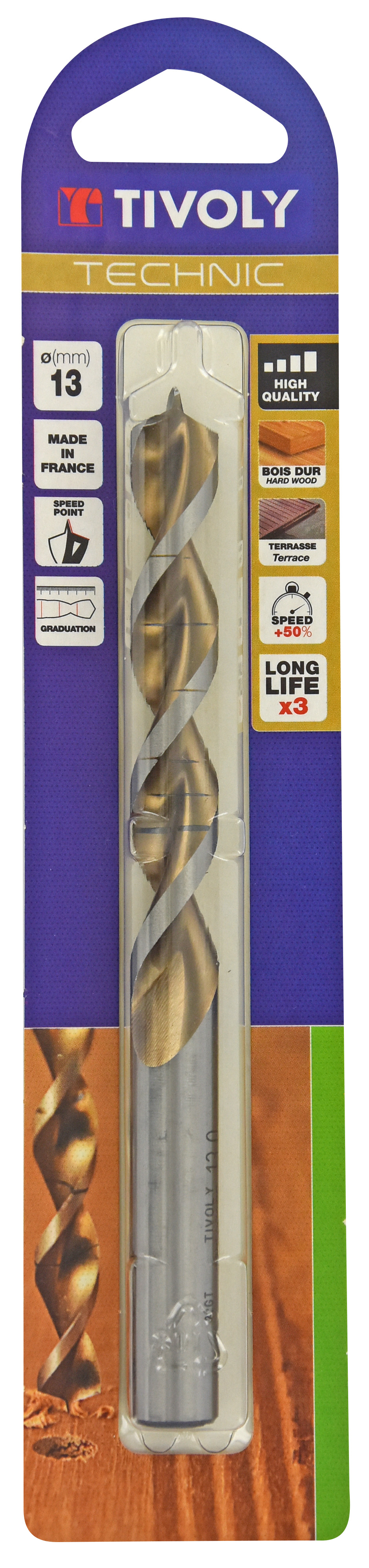 Foret bois HSS -Affûtage Speed point -Queue à 3 méplats Gradué SLR / L: 151 Ø: 13 TIVOLY - 10864021300