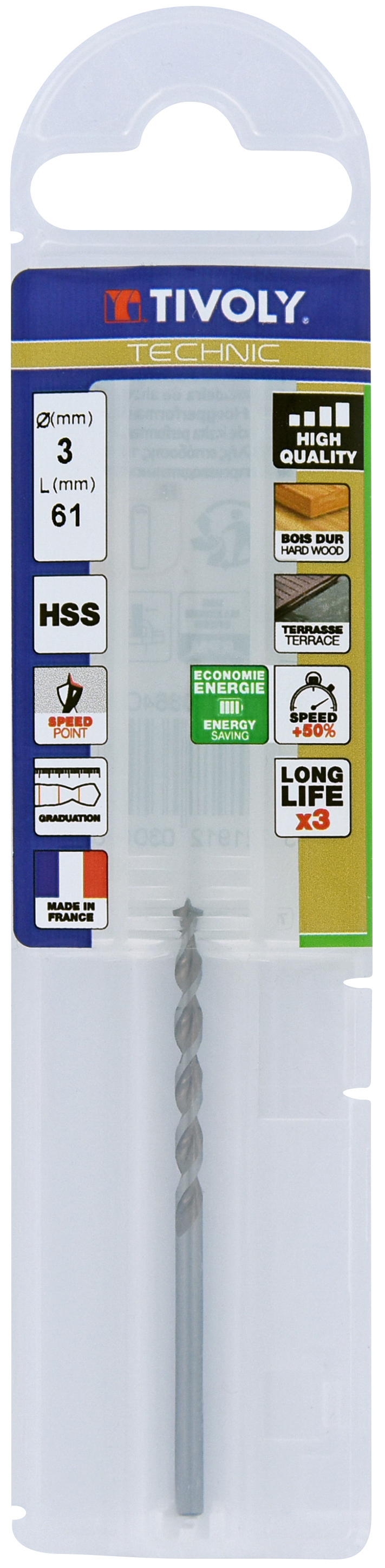 Foret bois HSS -Affûtage Speed point - Queue à 3 méplats -Gradué SLR / L: 61 Ø: 3 TIVOLY - 10864040300