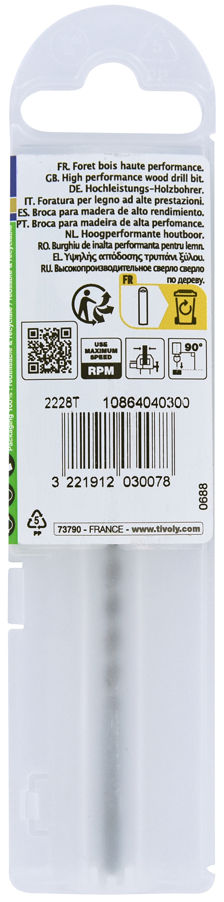 Foret bois HSS -Affûtage Speed point - Queue à 3 méplats -Gradué SLR / L: 61 Ø: 3 TIVOLY - 10864040300