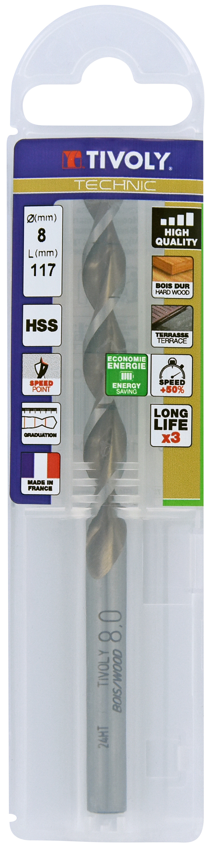 Foret bois HSS -Affûtage Speed point - Queue à 3 méplats -Gradué SLR / L: 117 Ø: 8 TIVOLY - 10864040800