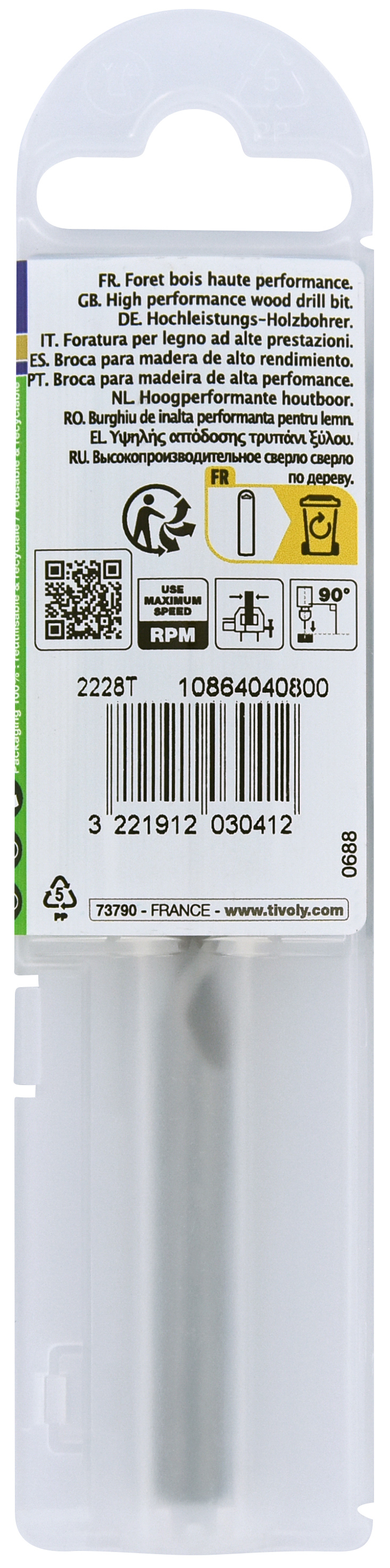 Foret bois HSS -Affûtage Speed point - Queue à 3 méplats -Gradué SLR / L: 117 Ø: 8 TIVOLY - 10864040800