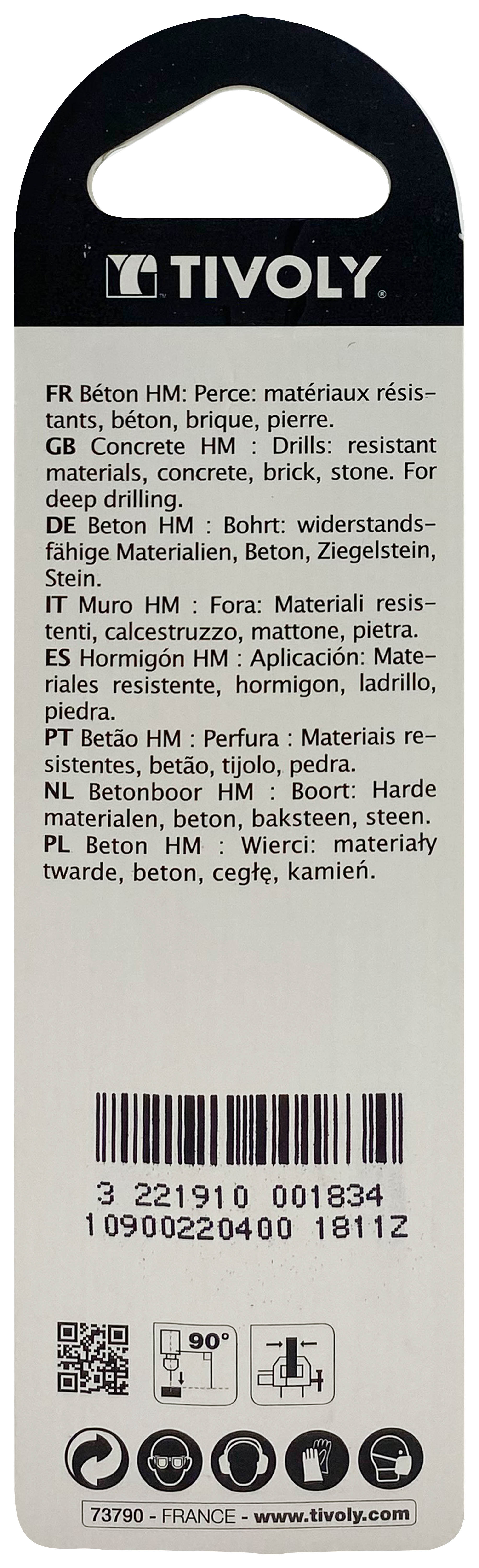 Foret bétons -Queue cylindrique (Blister) / L: 75 Ø: 4 TIVOLY - 10900220400