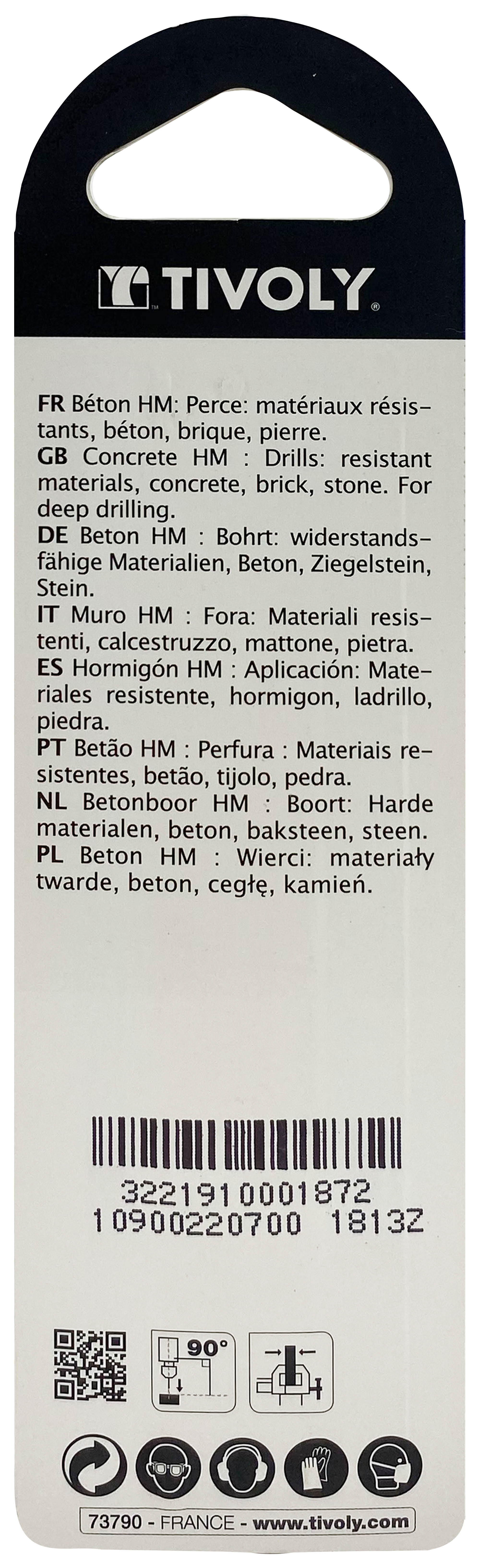 Foret bétons -Queue cylindrique (Blister) / L: 100 Ø: 7 TIVOLY - 10900220700