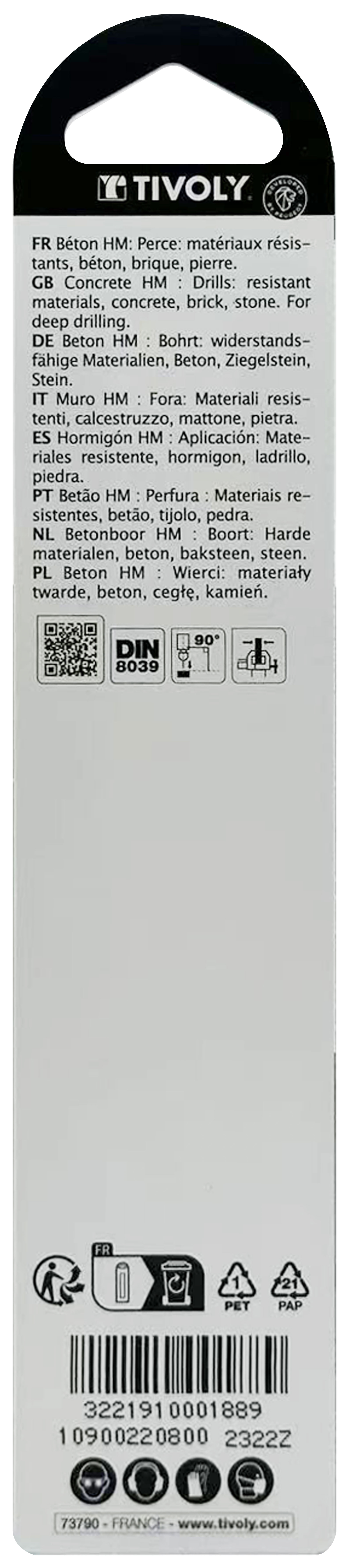 Foret bétons -Queue cylindrique (Blister) / L: 120 Ø: 8 TIVOLY - 10900220800