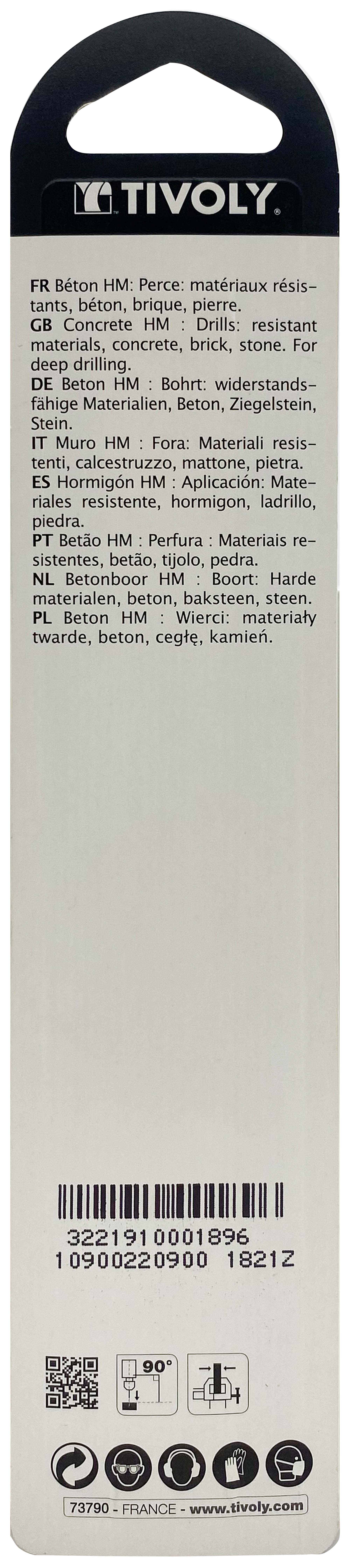 Foret bétons -Queue cylindrique (Blister) / L: 120 Ø: 9 TIVOLY - 10900220900