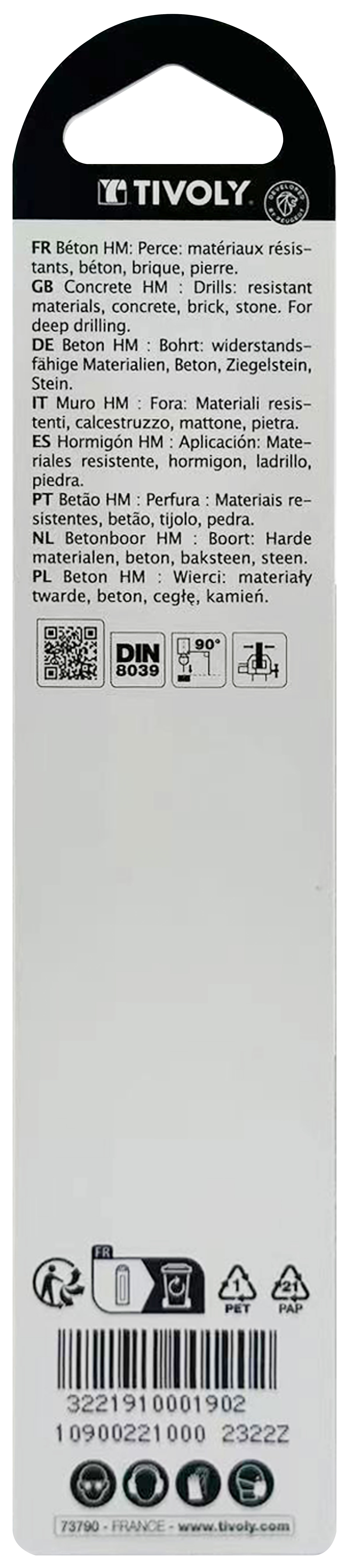 Foret bétons -Queue cylindrique (Blister) / L: 120 Ø: 10 TIVOLY - 10900221000