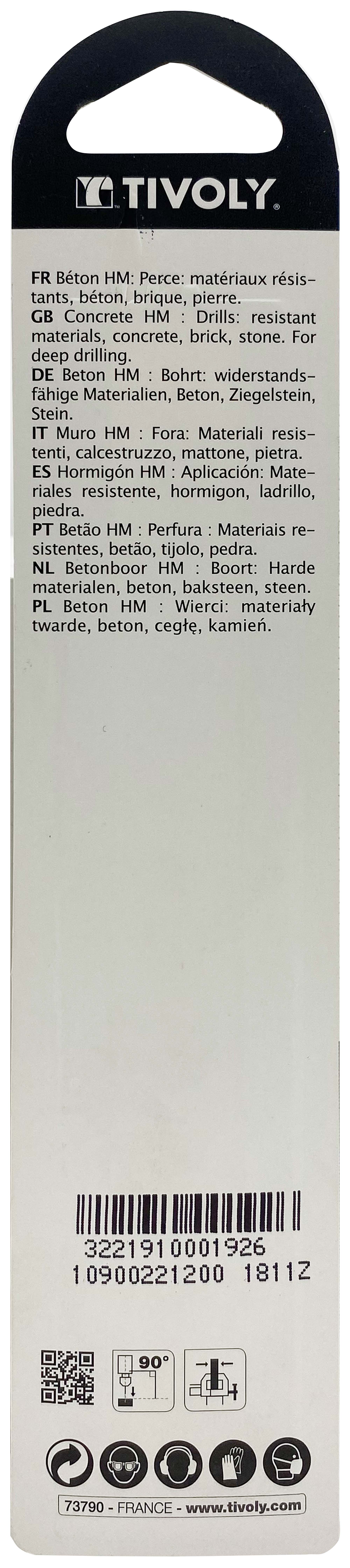 Foret bétons -Queue cylindrique (Blister) / L: 150 Ø: 12 TIVOLY - 10900221200