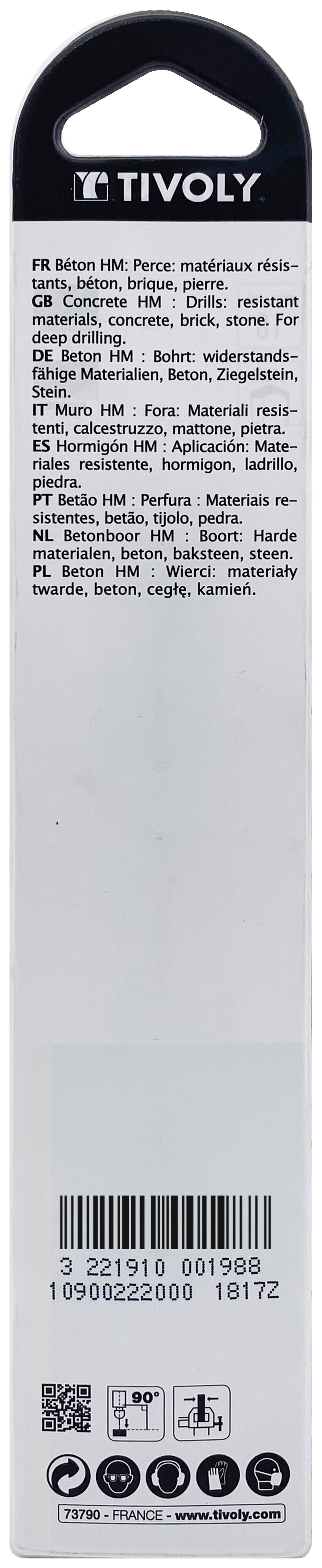 Foret bétons -Queue cylindrique (Blister) / L: 160 Ø: 20 TIVOLY - 10900222000