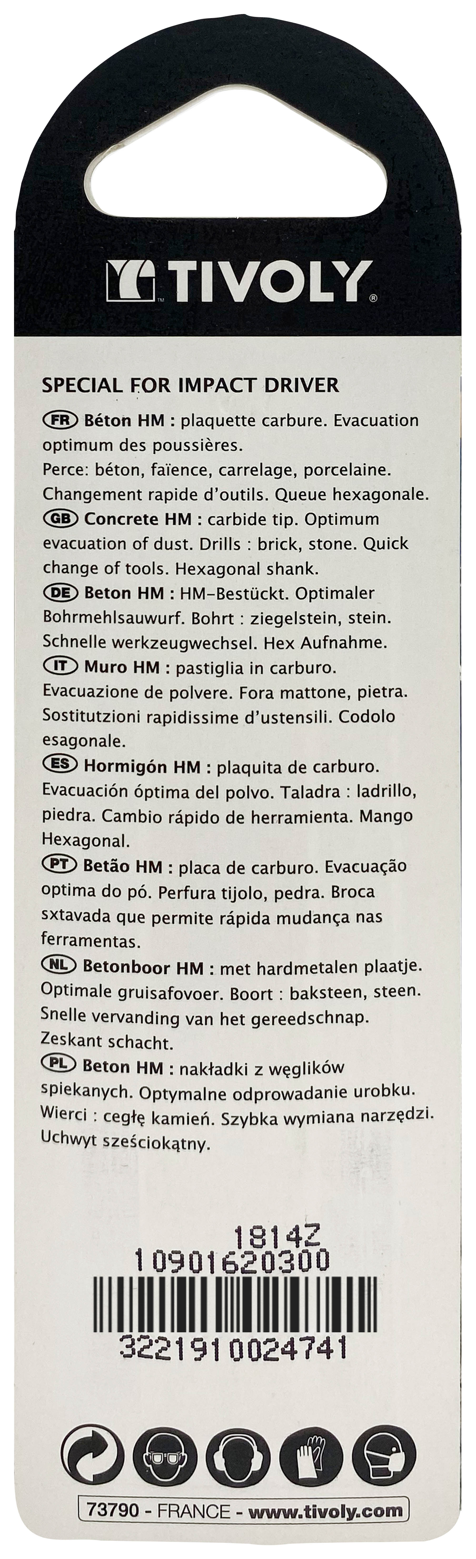 Foret bétons Shock Serie -Queue hexagonale monobloc (Blister) / L: 80 Ø: 3 TIVOLY - 10901620300
