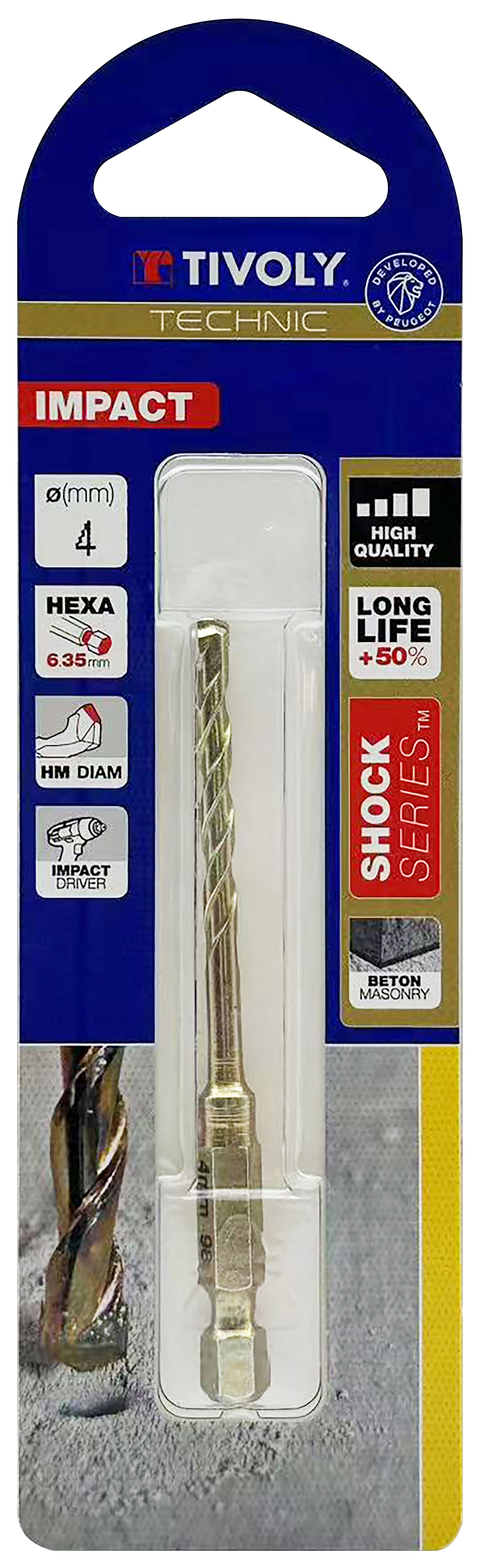 Foret bétons Shock Serie -Queue hexagonale monobloc (Blister) / L: 80 Ø: 4 TIVOLY - 10901620400