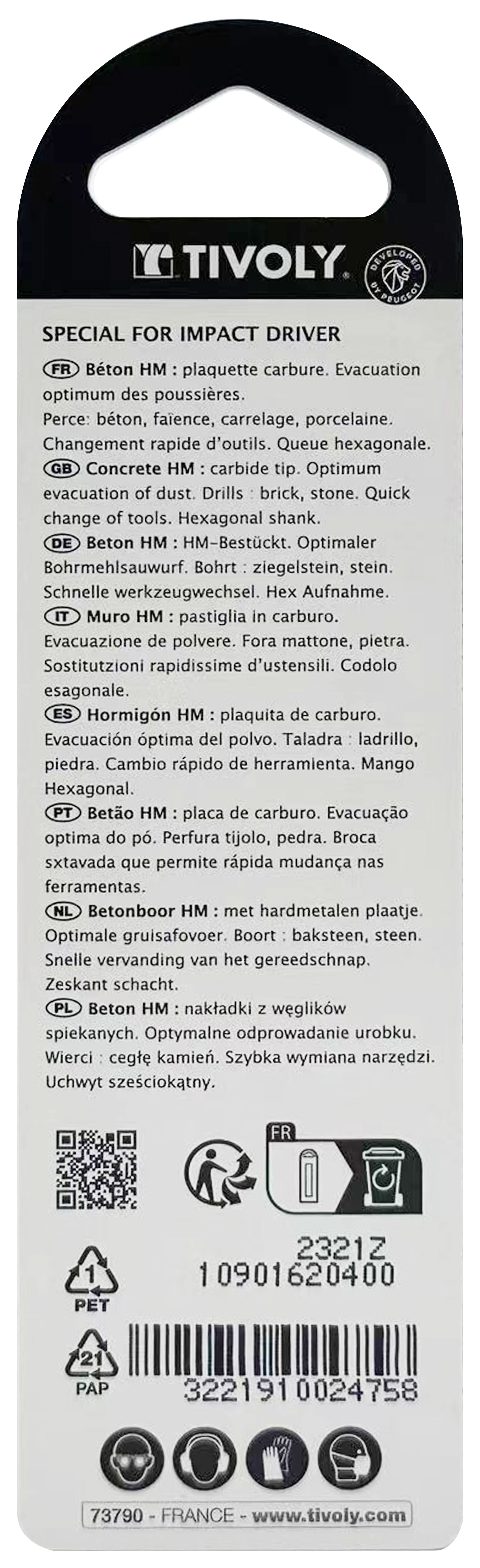 Foret bétons Shock Serie -Queue hexagonale monobloc (Blister) / L: 80 Ø: 4 TIVOLY - 10901620400