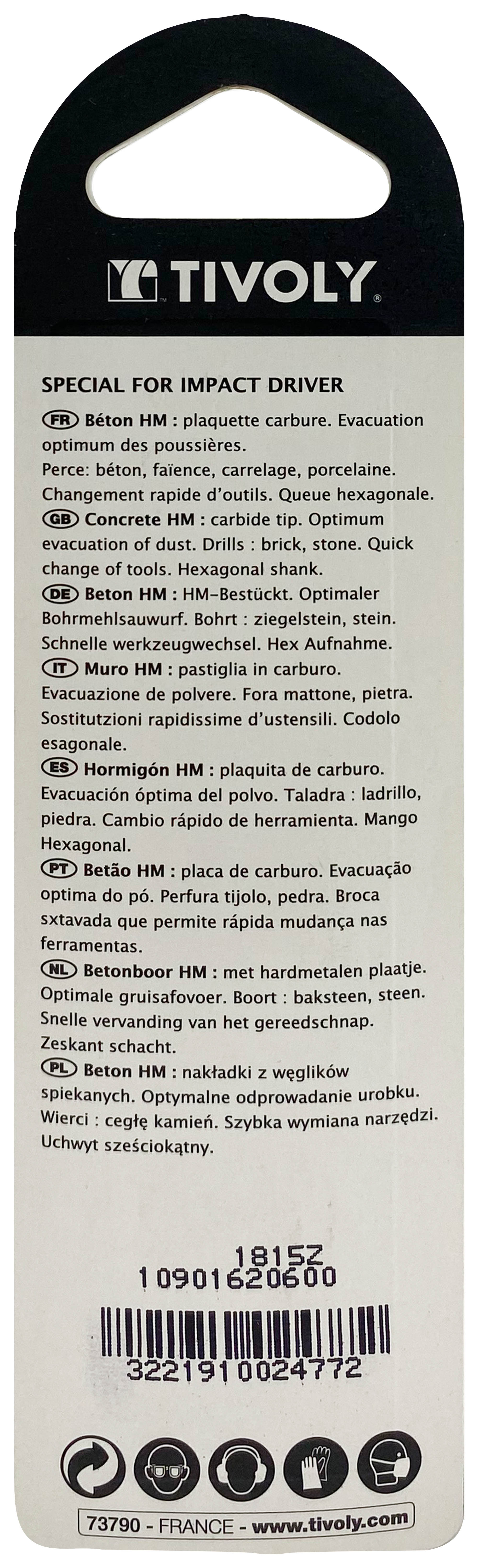 Foret bétons Shock Serie -Queue hexagonale monobloc (Blister) / L: 100 Ø: 6 TIVOLY - 10901620600