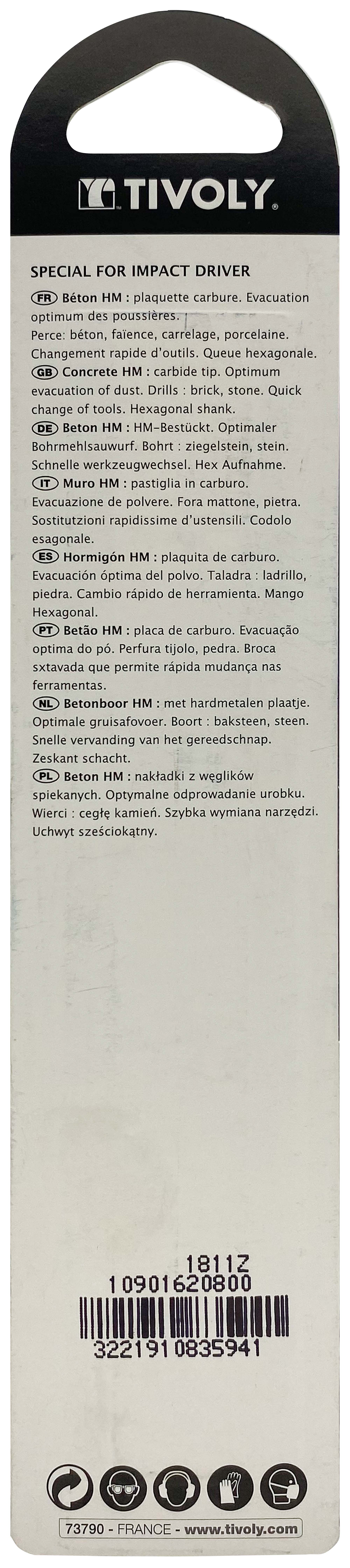 Foret bétons Shock Serie -Queue hexagonale monobloc (Blister) / L: 120 Ø: 8 TIVOLY - 10901620800