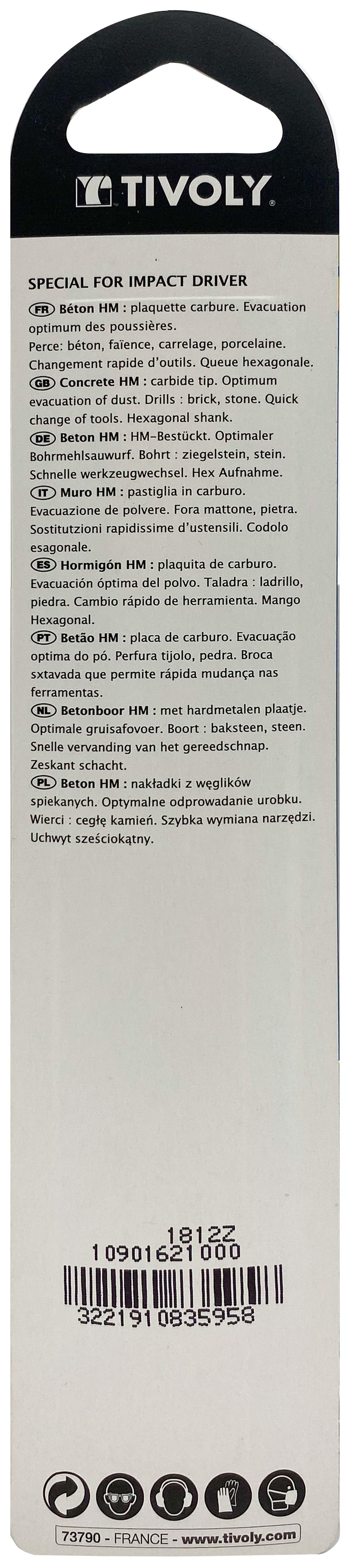 Foret bétons Shock Serie -Queue hexagonale monobloc (Blister) / L: 120 Ø: 10 TIVOLY - 10901621000