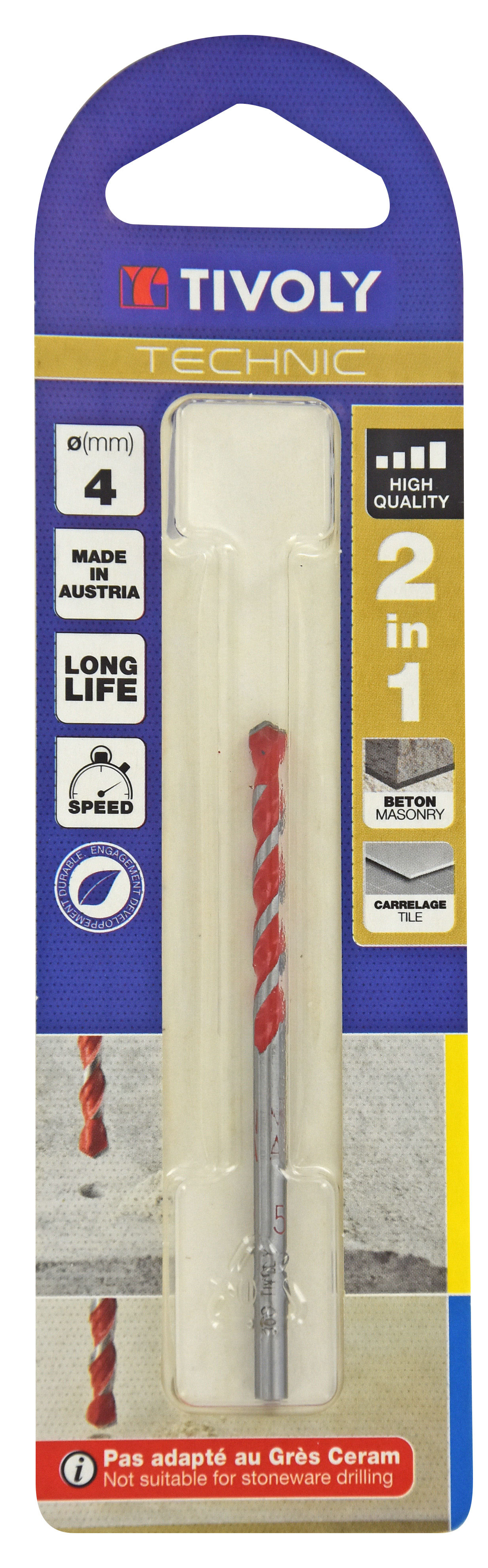 Foret 2 en 1 Bétons/Carrelages -Plaquette carbure affûtée -Goujures nervurées / L: 75 Ø: 4 TIVOLY - 10913020400