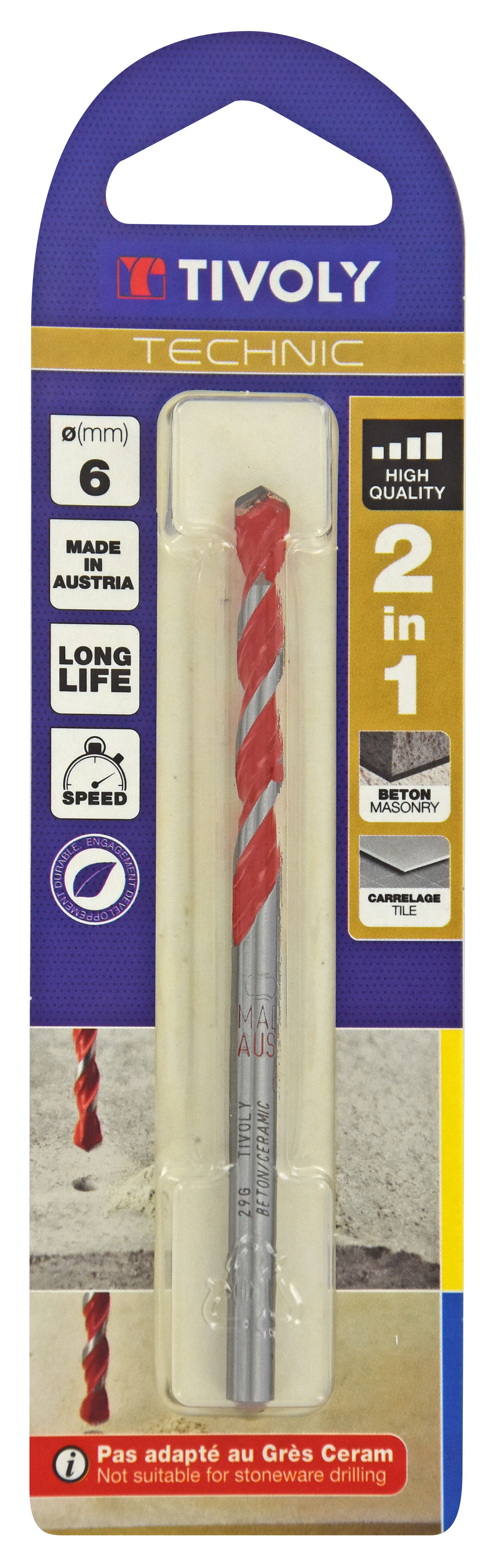 Foret 2 en 1 Bétons/Carrelages -Plaquette carbure affûtée -Goujures nervurées / L: 100 Ø: 6 TIVOLY - 10913020600