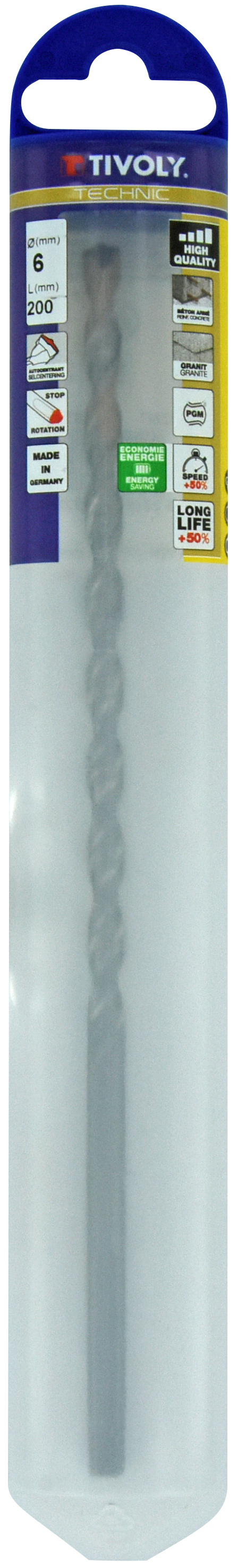 Foret bétons L200mm -Plaquette carbure pointe de centrage -Queue cylindrique 3 méplats / L: 200 Ø: 6 TIVOLY - 10913120600