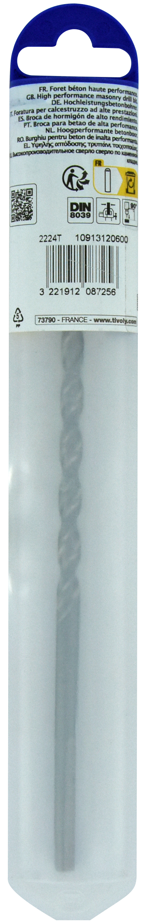 Foret bétons L200mm -Plaquette carbure pointe de centrage -Queue cylindrique 3 méplats / L: 200 Ø: 6 TIVOLY - 10913120600