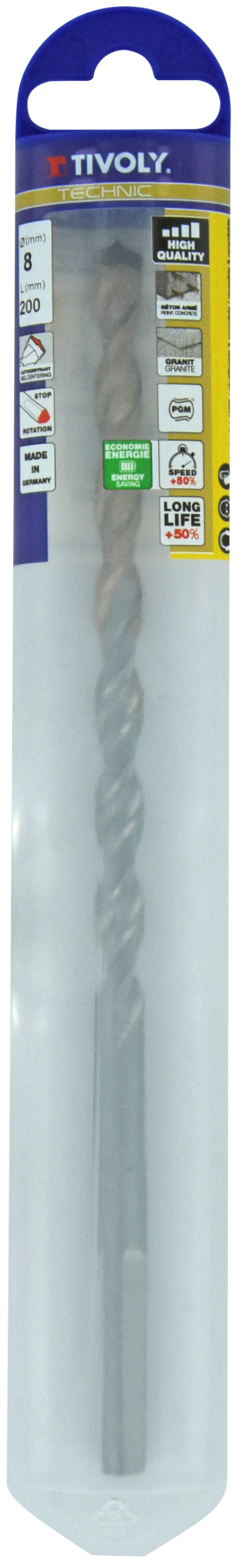 Foret bétons L200mm -Plaquette carbure pointe de centrage -Queue cylindrique 3 méplats / L: 200 Ø: 8 TIVOLY - 10913120800