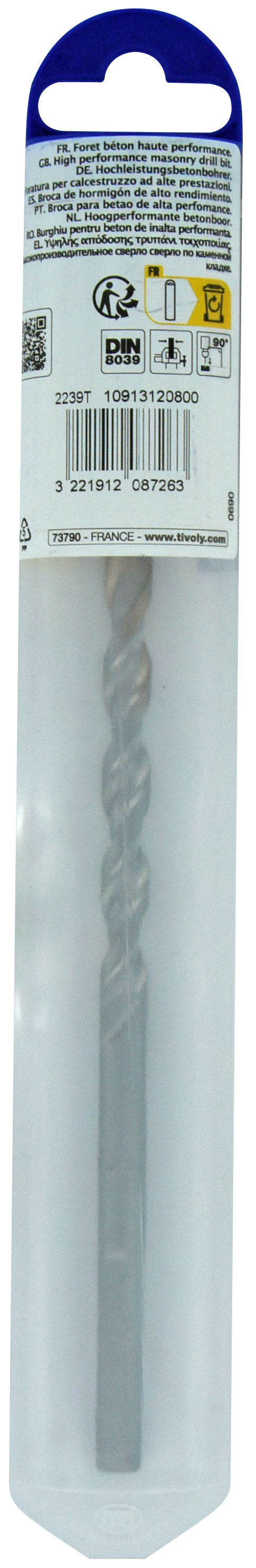 Foret bétons L200mm -Plaquette carbure pointe de centrage -Queue cylindrique 3 méplats / L: 200 Ø: 8 TIVOLY - 10913120800