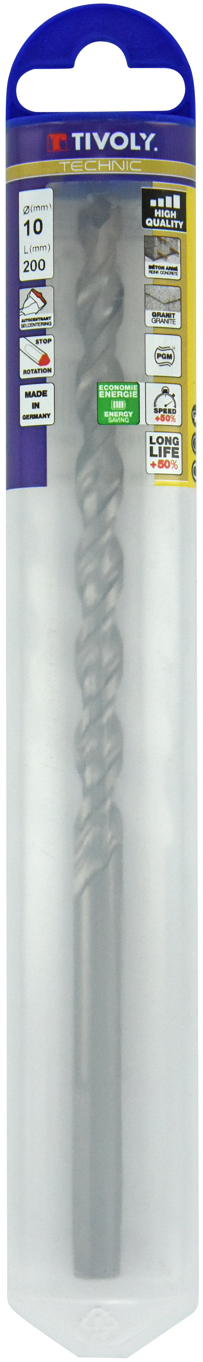 Foret bétons L200mm -Plaquette carbure pointe de centrage -Queue cylindrique 3 méplats / L: 200 Ø: 10 TIVOLY - 10913121000