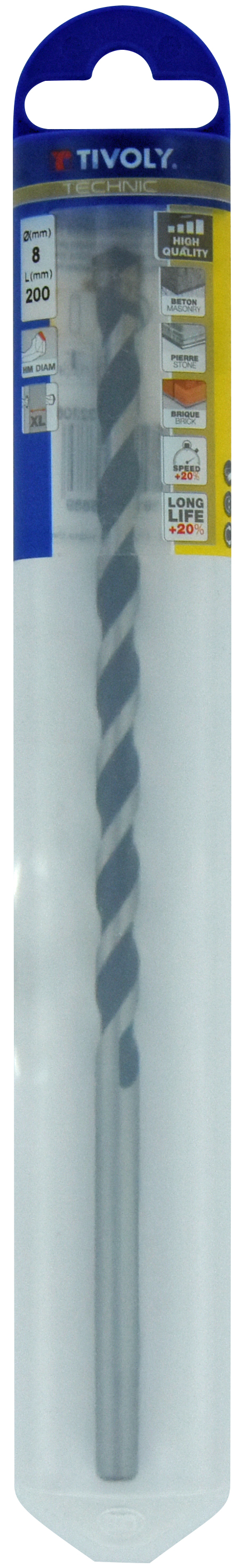 Foret bétons L200mm -Plaquette carbure affûtée diamant -Queue cylindrique / L: 200 Ø: 8 TIVOLY - 10913220800