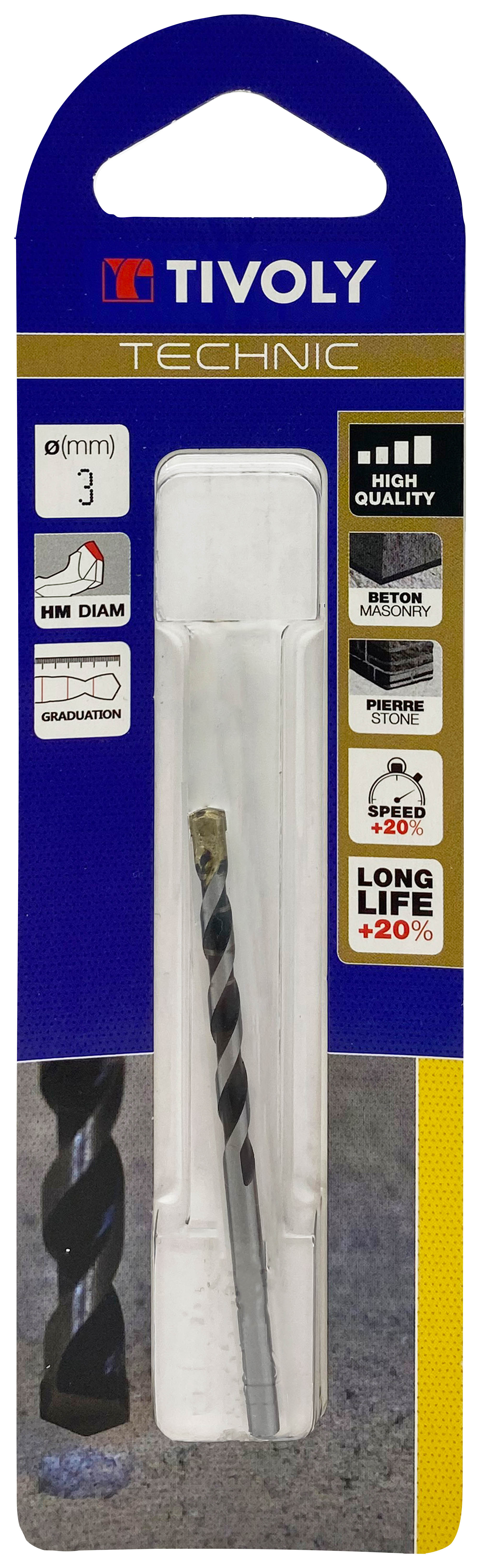 Foret bétons -Plaquette carbure affûtée diamant -Queue cylindrique -Gradué SLR - / L: 60 Ø: 3 TIVOLY - 10960320300