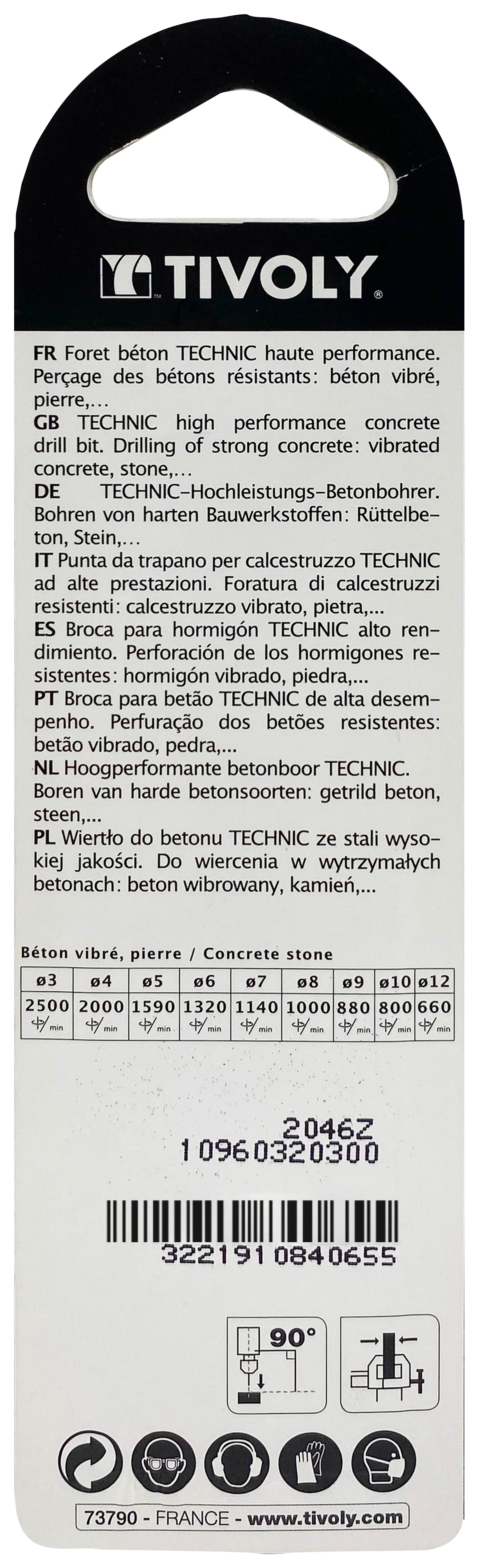 Foret bétons -Plaquette carbure affûtée diamant -Queue cylindrique -Gradué SLR - / L: 60 Ø: 3 TIVOLY - 10960320300