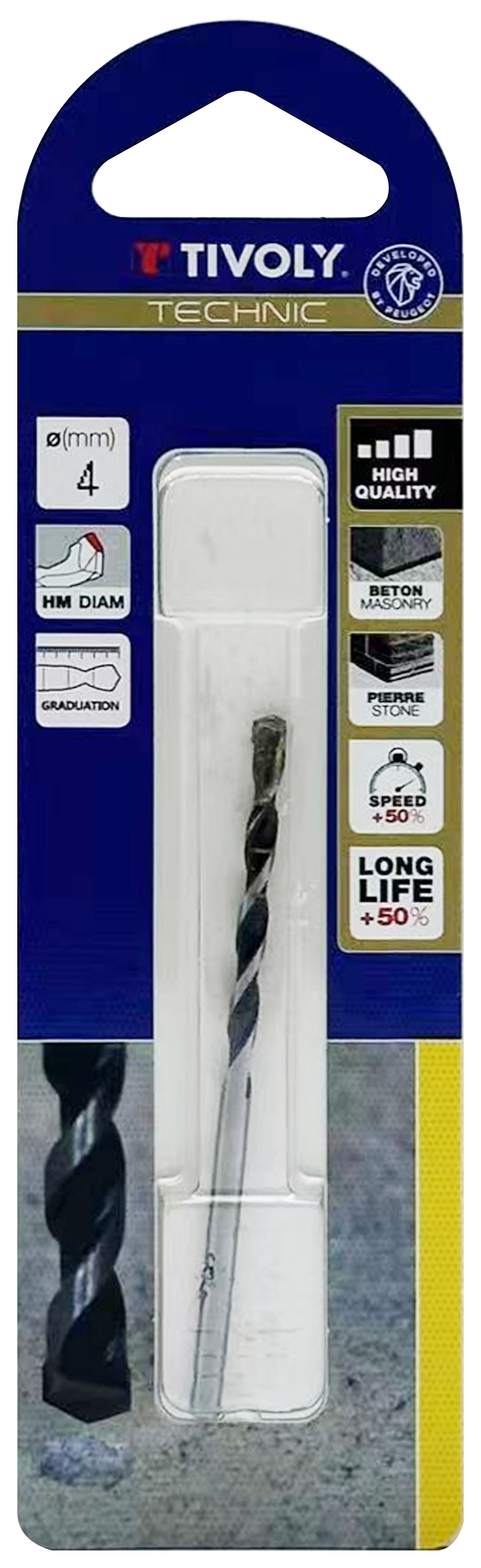 Foret bétons -Plaquette carbure affûtée diamant -Queue cylindrique -Gradué SLR - / L: 75 Ø: 4 TIVOLY - 10960320400