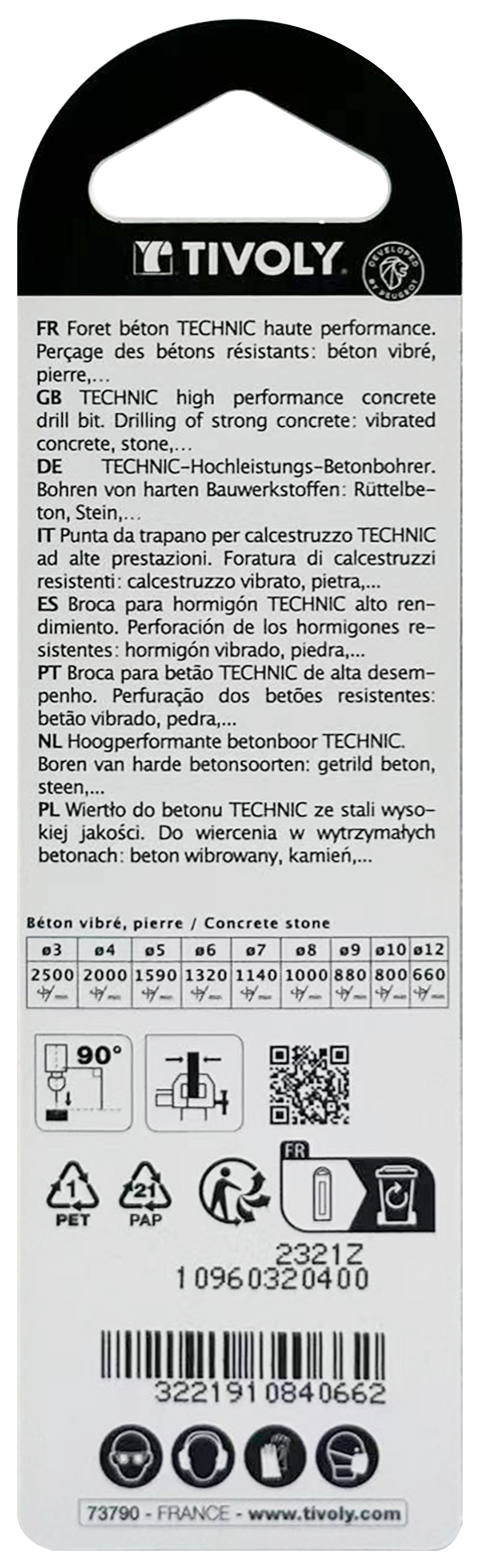 Foret bétons -Plaquette carbure affûtée diamant -Queue cylindrique -Gradué SLR - / L: 75 Ø: 4 TIVOLY - 10960320400