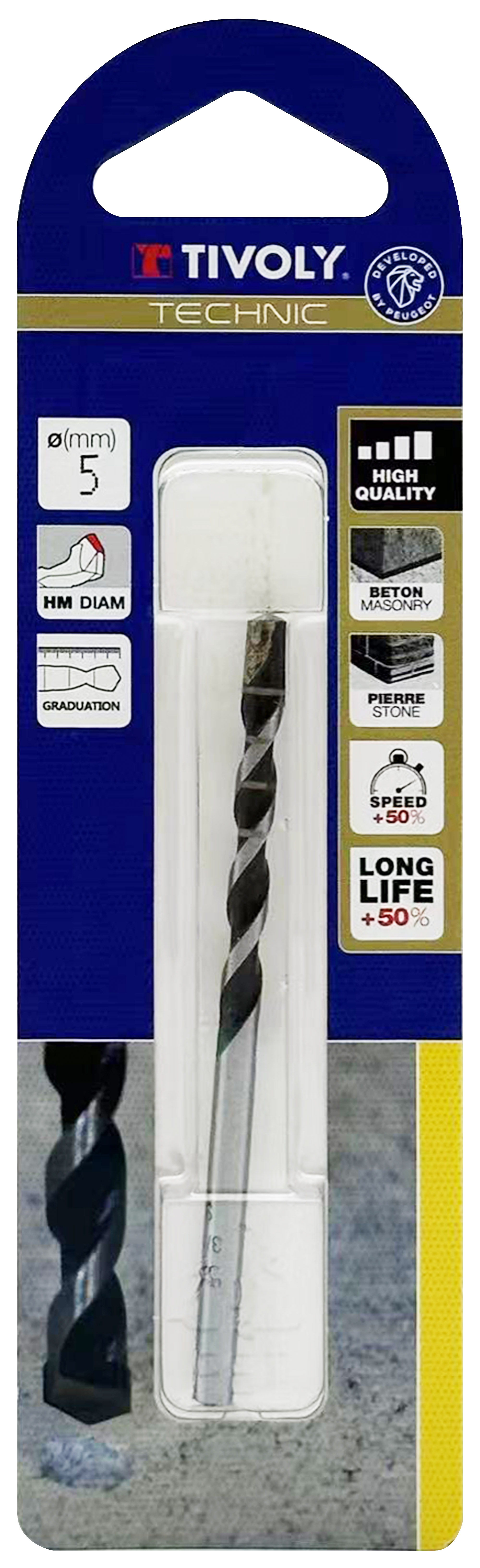 Foret bétons -Plaquette carbure affûtée diamant -Queue cylindrique -Gradué SLR - / L: 85 Ø: 5 TIVOLY - 10960320500