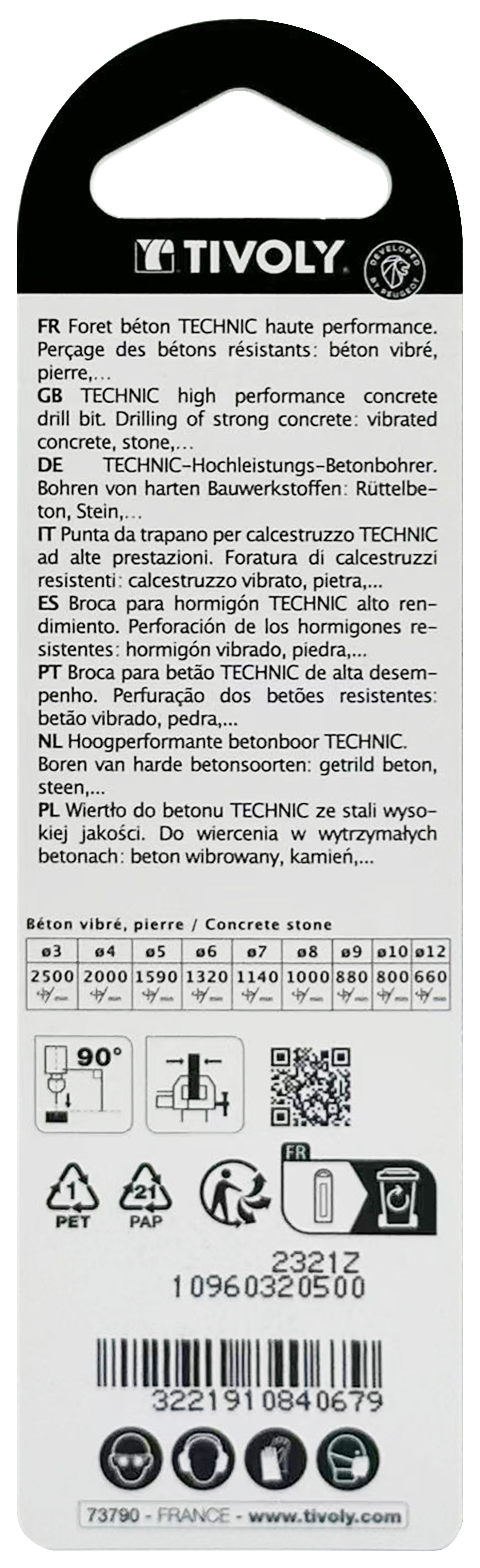 Foret bétons -Plaquette carbure affûtée diamant -Queue cylindrique -Gradué SLR - / L: 85 Ø: 5 TIVOLY - 10960320500