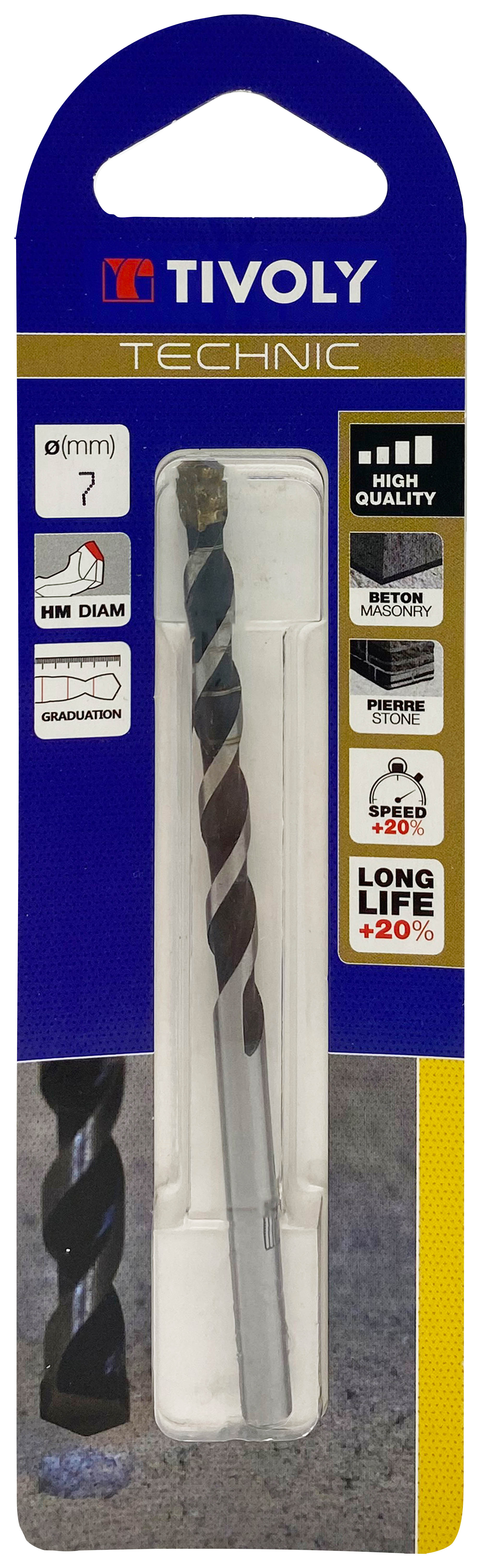 Foret bétons -Plaquette carbure affûtée diamant -Queue cylindrique -Gradué SLR - / L: 100 Ø: 7 TIVOLY - 10960320700