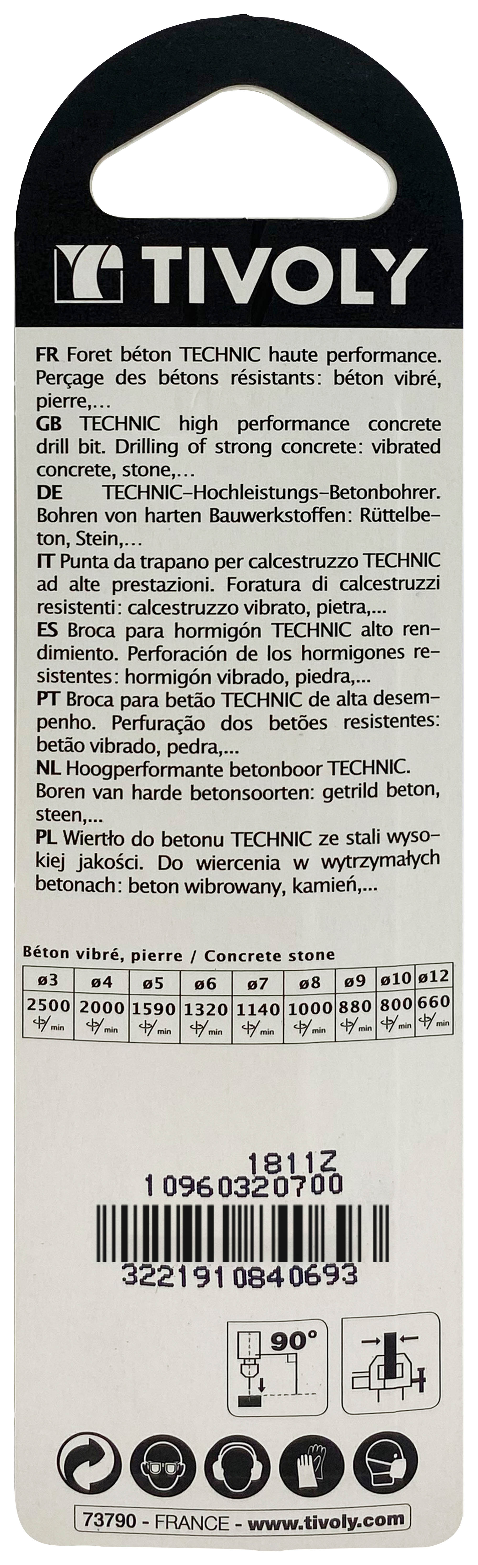 Foret bétons -Plaquette carbure affûtée diamant -Queue cylindrique -Gradué SLR - / L: 100 Ø: 7 TIVOLY - 10960320700