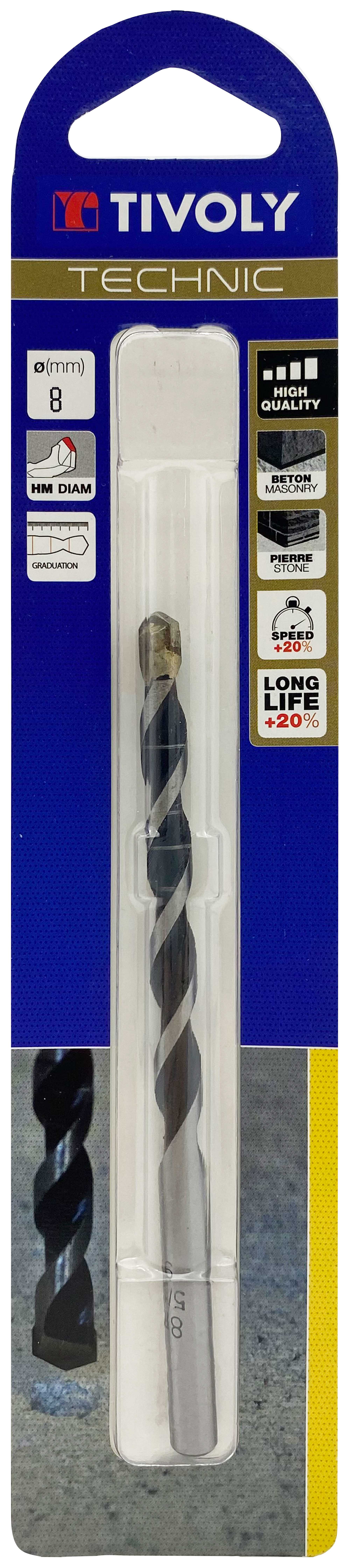 Foret bétons -Plaquette carbure affûtée diamant -Queue cylindrique -Gradué SLR - / L: 120 Ø: 8 TIVOLY - 10960320800