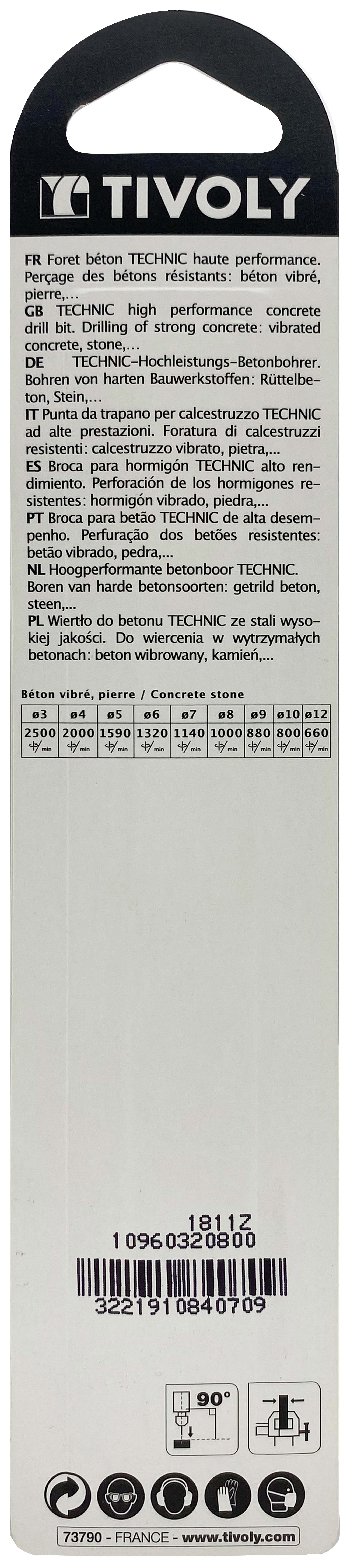 Foret bétons -Plaquette carbure affûtée diamant -Queue cylindrique -Gradué SLR - / L: 120 Ø: 8 TIVOLY - 10960320800
