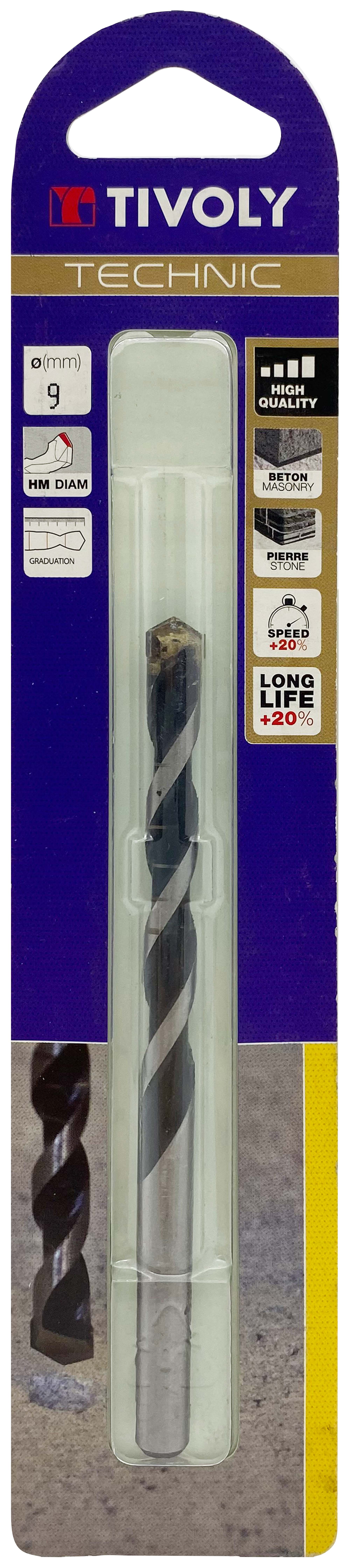 Foret bétons -Plaquette carbure affûtée diamant -Queue cylindrique -Gradué SLR - / L: 120 Ø: 9 TIVOLY - 10960320900