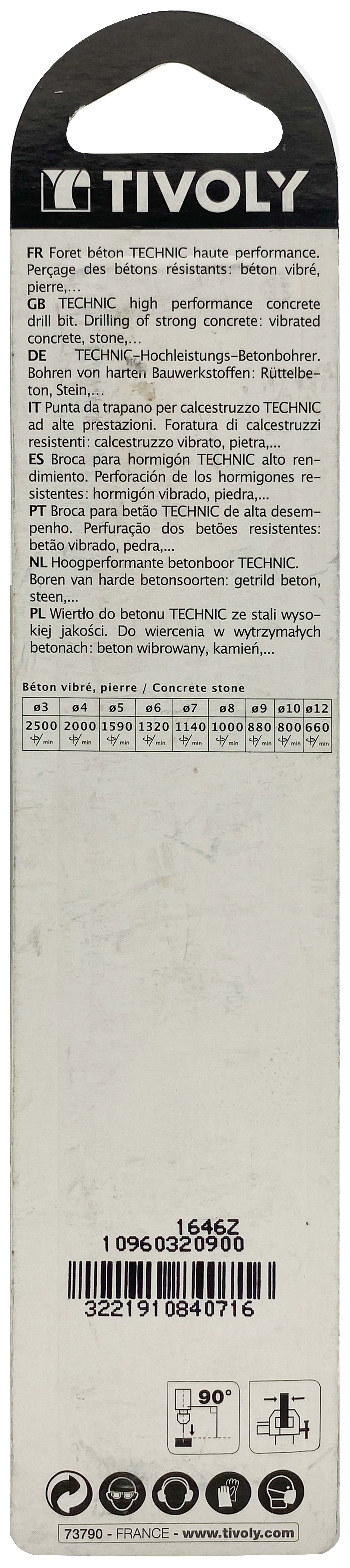 Foret bétons -Plaquette carbure affûtée diamant -Queue cylindrique -Gradué SLR - / L: 120 Ø: 9 TIVOLY - 10960320900