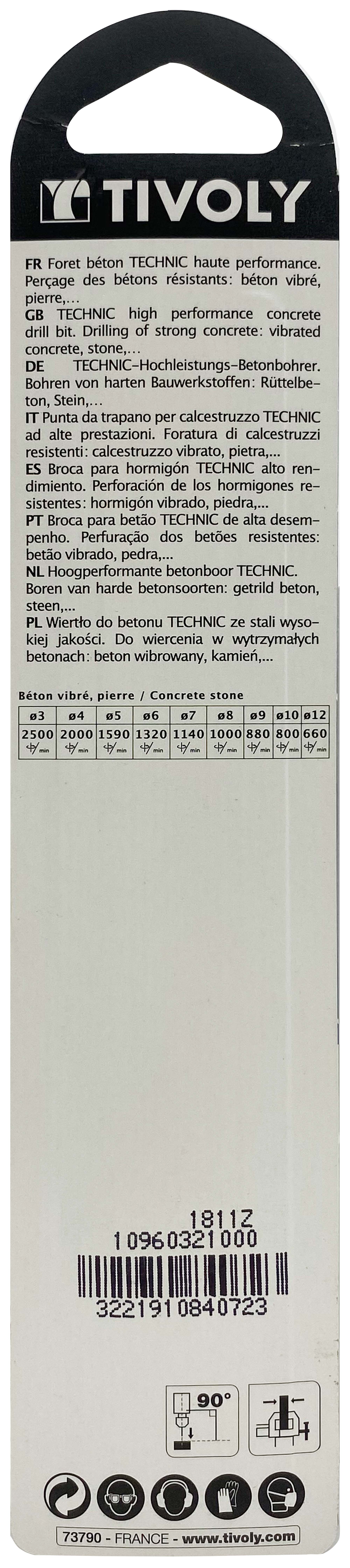 Foret bétons -Plaquette carbure affûtée diamant -Queue cylindrique -Gradué SLR - / L: 120 Ø: 10 TIVOLY - 10960321000