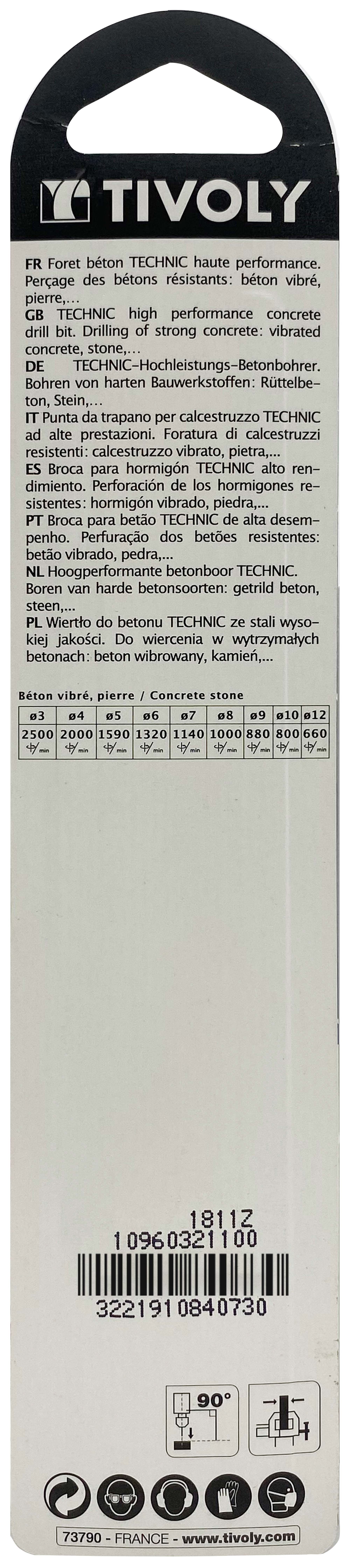 Foret bétons -Plaquette carbure affûtée diamant -Queue cylindrique -Gradué SLR - / L: 150 Ø: 11 TIVOLY - 10960321100